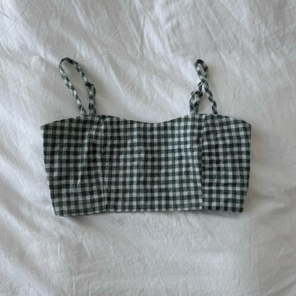 Brandy Melville sage green and white gingham crop top